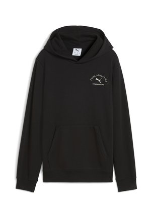 Svart hoodie med känguruficka och en logotyp. Texten lyder "PUMA ATHLETICS" och "etablerad 1948" i krämfärg.