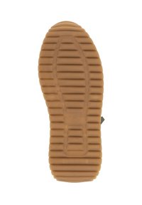 Semelle de chaussure en caoutchouc avec un design ondulé et texturé en tan, comportant de profonds canyons pour l'adhérence et un détail ovale central.