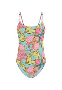 One-piece swimsuit with colorful pattern featuring pink, green, and blue. Thin straps with decorative chain accents, smooth fabric texture.