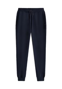 Tmavě modré tepláky s elastickým pasem a šňůrkou. Mají boční kapsy a žebrované manžety. Hladká textura látky.