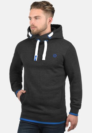 Dark gray hooded sweatshirt with white drawstrings, blue accents, a front pocket, and a small logo on the chest. Soft, textured fabric.