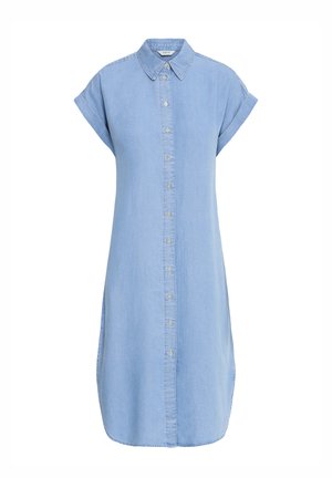 Rochie cămașă din denim bleu deschis, cu mâneci scurte rulate, nasturi în față, guler ascuțit și fante laterale la tiv.