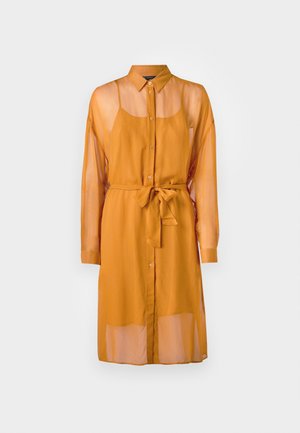 Long, sheer mustard dress with a button-down front, collar, long sleeves, and a tie belt at the waist. Features a relaxed fit and layered design.