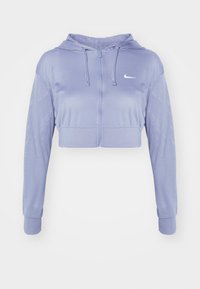 Avskuren zip-up hoodie i lätt mesh i ljuslila, med huva, långa ärmar och en liten vit logotyp på bröstet.