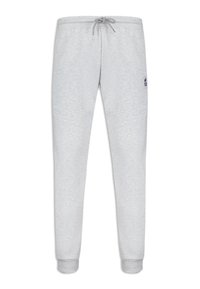 Gray sweatpants made of soft fabric, featuring an elastic waistband with drawstring, tapered cuffs, and a small logo on the side.