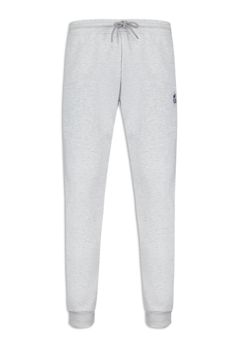 Gray sweatpants made of soft fabric, featuring an elastic waistband with drawstring, tapered cuffs, and a small logo on the side.