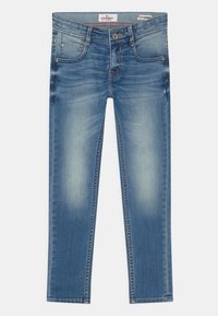 Chude dżinsy wykonane z jasnoniebieskiego denimu, z wyblakłymi miejscami, pięcioma kieszeniami, zapięciem na guzik i kontrastowymi szwami.