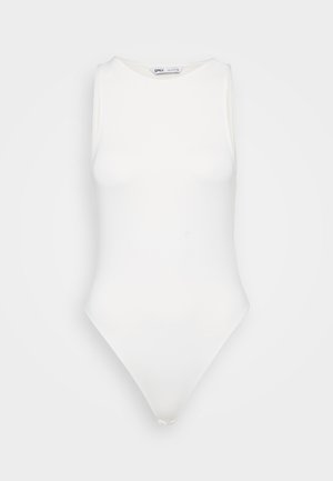 Baltas be rankovių bodis su aukštu kaklu ir thong kirpimu. Lygus paviršius ir prigludusi siluetas, skirtas apkūniam įvaizdžiui.