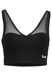 Černý bralet s hlubokým výstřihem do V, s síťovinovými panely na ramenou a zkráceným designem. Obsahuje bílý detail loga "Pineapple".