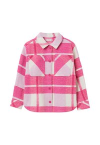 Camicia a quadri rosa e bianca con bottoni, realizzata in tessuto morbido. Presenta due tasche sul petto e un colletto a punta. Bottoni rosa piccoli.