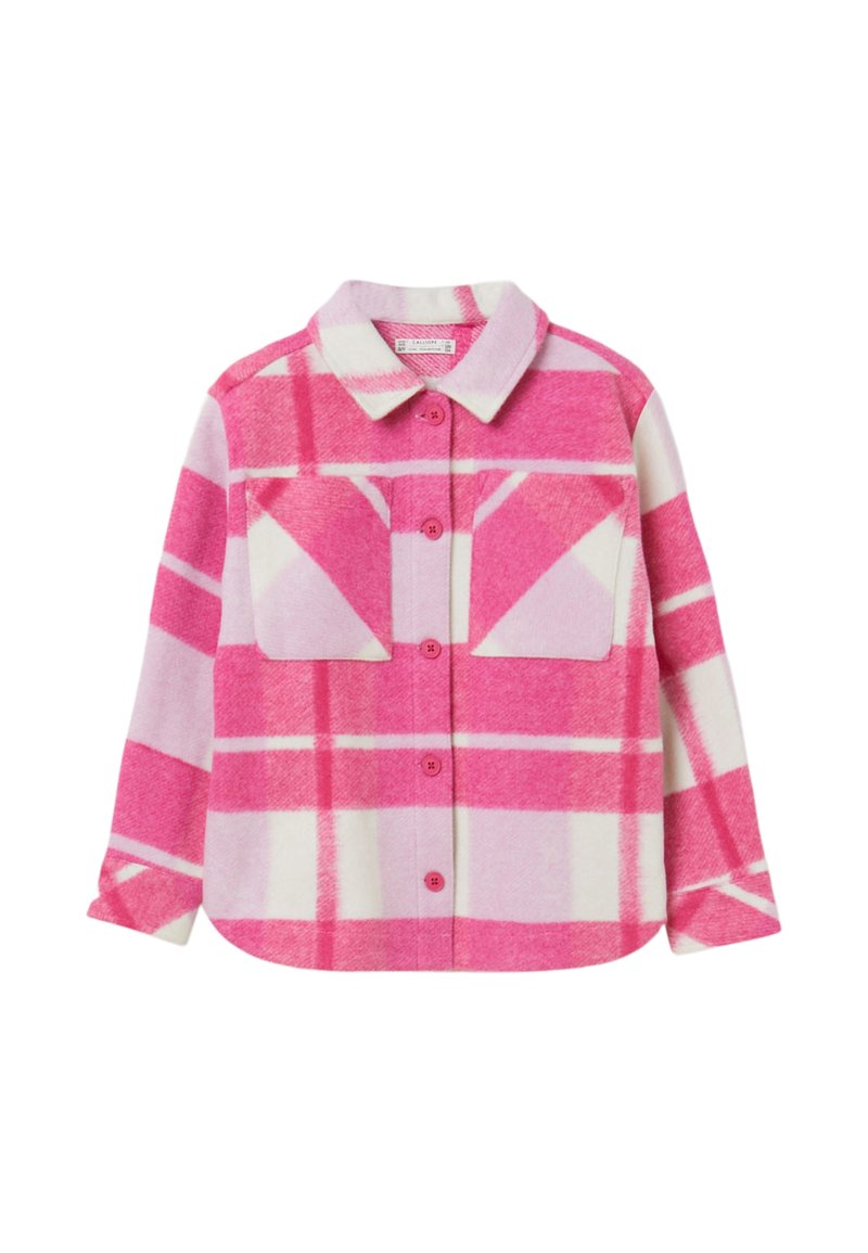 Camicia a quadri rosa e bianca con bottoni, realizzata in tessuto morbido. Presenta due tasche sul petto e un colletto a punta. Bottoni rosa piccoli.