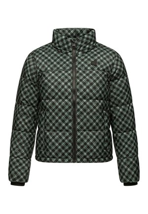 Padded jakna u crno-zelenom geometrijskom uzorku, s visokim ovratnikom, zatvaranjem na patentni zatvarač i elastičnim manžetama. Teksturirana tkanina s sjajnom završnom obradom.