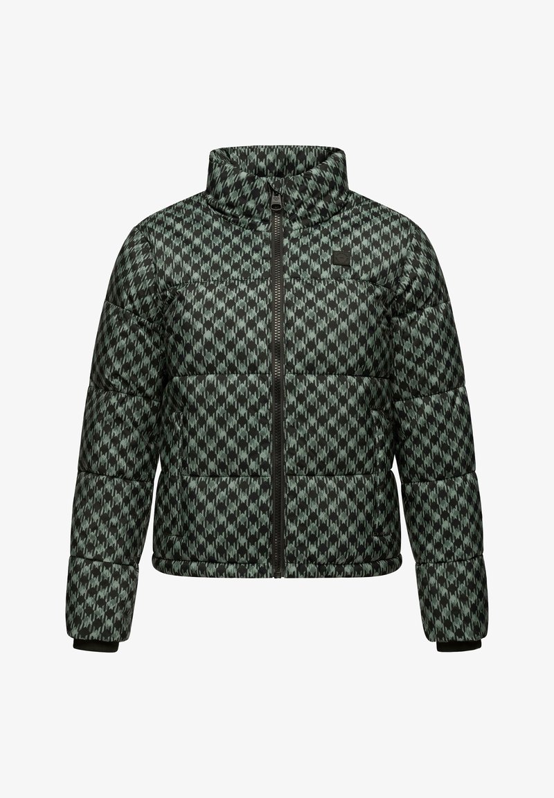 Polstret jakke i et sort og grønt geometrisk mønster, med høy krage, glidelås og elastiske mansjetter. Tekstilt stoff med glossy overflate.