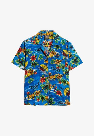 Korte mouwen, blauw Hawaiiaans overhemd met levendige bloemen- en tropische print, met gele zon, boten en papegaaien. Gemaakt van lichtgewicht stof.