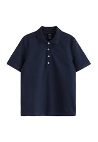 Marineblå polo t-shirt, kortærmet, krave, fem-knaplukning, lavet af blødt materiale med en glat tekstur, velegnet til afslappet brug.