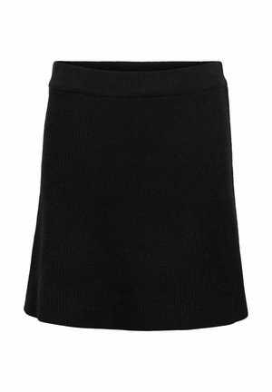 Zwarte gebreide rok met een aangesloten tailleband, uitlopende vorm en gestructureerde stof. Geen zichtbare patronen of accenten.