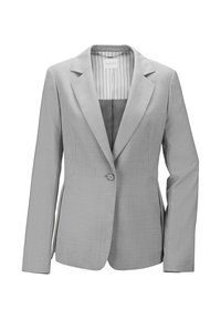 Hellgrau maßgeschneiderte Blazer mit einem einzigen Knopfverschluss, Reverskragen und strukturierten Schultern. Glatte Textur mit subtiler Stoffmusterung.