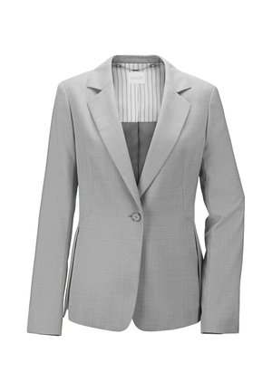 Lichtgrijze op maat gemaakte blazer met een enkele knoopsluiting, notch-lapels en gestructureerde schouders. Glad textuur met subtiel weefpatroon.