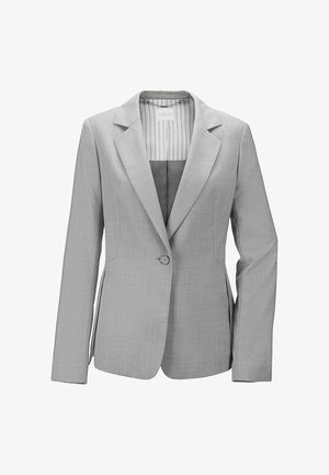 Hellgrau maßgeschneiderte Blazer mit einem einzigen Knopfverschluss, Reverskragen und strukturierten Schultern. Glatte Textur mit subtiler Stoffmusterung.