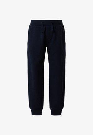 Pantalon de jogging bleu marine avec taille élastique, cordon de serrage, poches latérales et poignets côtelés sur fond blanc.