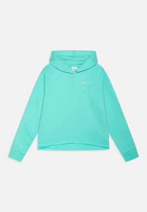 Miętowa bluza z kapturem o luźnym kroju, z długimi rękawami, kieszenią kangurką i małym logo na piersi. Miękka, przytulna tkanina z ściągaczami przy nadgarstkach.