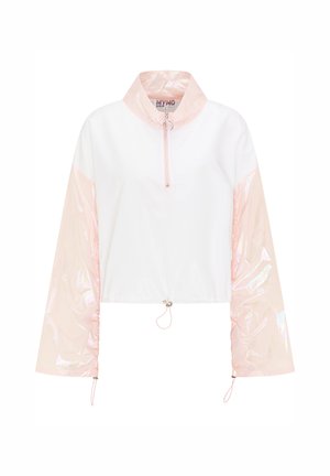 Hvid og iriserende pink pulloverjakke med høj krave, halvlange lynlås og snoretræk i kanten; lange ærmer med skinnende detaljer.