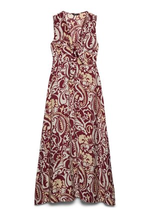 Abito lungo senza maniche con motivo floreale paisley bordeaux e beige e corpino stile incrociato.