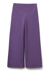 Pantaloni viola a gamba larga realizzati in morbido tessuto elasticizzato. Presentano una cintura liscia e un taglio a tutta lunghezza con orli diritti.