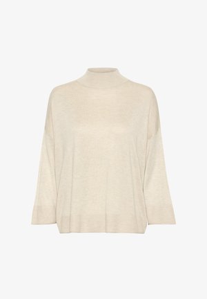 Jersey de cuello alto color beige, confeccionado en un suave tejido de punto, con un corte relajado, mangas anchas y detalles acanalados en el dobladillo y los puños.