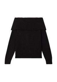 Sort off-shoulder striktrøje med ribbet tekstur, lange ærmer og en løs pasform. Har en fold-over krave og strikkede manchetter.