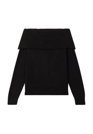 Zwarte off-shoulder trui met ribbelstructuur, lange mouwen en een losse pasvorm. Beschikt over een omgevouwen kraag en gebreide manchetten.