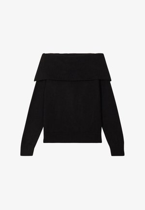 Zwarte off-shoulder trui met ribbelstructuur, lange mouwen en een losse pasvorm. Beschikt over een omgevouwen kraag en gebreide manchetten.