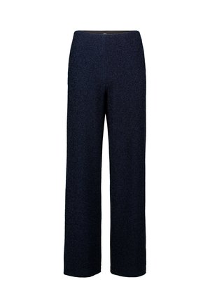 Granatowe spodnie typu wide-leg, wykonane z teksturowanej tkaniny, z wysokim stanem i prostym, długim krojem. Bez widocznych zapięć.