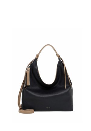 Mustast nahast käekott beežide käepidemete ja reguleeritava õlarihmaga, esiküljel väike logo ja külgedel tõmbluku tõmmitsadetailid.