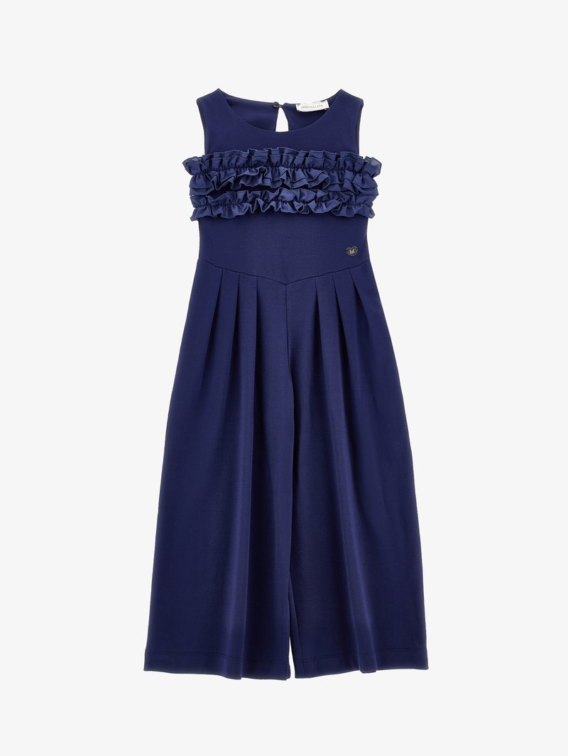 Mono azul marino con un cuerpo fruncido, espalda con abertura en forma de lágrima y pantalones anchos con pliegues. Tejido suave y texturizado con un pequeño emblema decorativo.