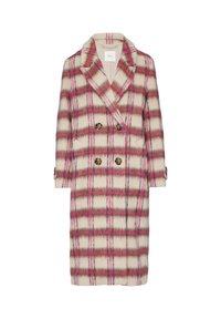 Dubbelbreasted jas in een zacht, geruit patroon met cream, roze en grijze kleuren. Voorzien van grote knopen en notched revers.