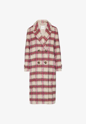 Dubbelbreasted jas in een zacht, geruit patroon met cream, roze en grijze kleuren. Voorzien van grote knopen en notched revers.