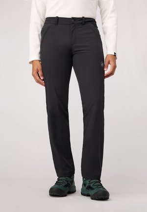 Black outdoor pants made of lightweight fabric, featuring a straight leg design, front pockets, and a logo on the thigh.