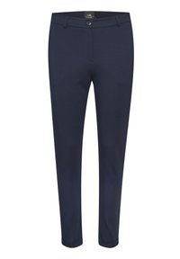 Tumši zila bikses ar slim-fit dizainu, izgatavotas no elastīga auduma. Iespējas ar priekšējo pogu aizdari un četrām kabatām. Gluda tekstūra.