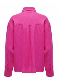 Pink button-up shirt with long sleeves, a collar, and back pleat detail. Made from a lightweight fabric with a smooth texture.