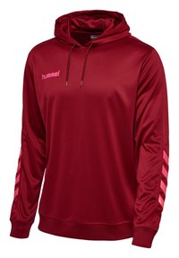 Czerwona bluza z kapturem wykonana z gładkiej tkaniny. Posiada kaptur ze sznurkiem, długie rękawy oraz różowe logo i paski na rękawach. Prosty, sportowy design.