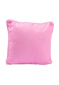 Cuscino rosa con texture liscia, forma rettangolare e angoli arrotondati. Dettagli delle cuciture visibili, colore solido senza motivi.