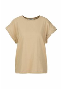 Korte mouwen, beige T-shirt met een ontspannen pasvorm en een ronde halslijn, geschikt voor casual wear. Merklabel zichtbaar op de binnenkant van de kraag.