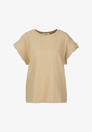Kurzärmliges, beiges T-Shirt mit einer lässigen Passform und Rundhalsausschnitt, geeignet für Freizeitkleidung. Markenlabel sichtbar am inneren Kragen.
