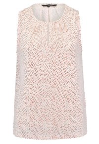 Bezrękawnik z okrągłym dekoltem, wykonany z lekkiego materiału. Charakteryzuje się białym tłem z rozrzuconymi czerwonymi kropkami oraz plisą z przodu.