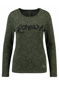 Grünhemd mit langen Ärmeln und Leopardenmuster. Verziert mit "Leopard" in schwarzen Pailletten über der Brust. Weicher Stoff mit Rundhalsausschnitt.
