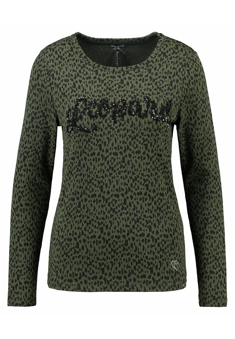 Grünhemd mit langen Ärmeln und Leopardenmuster. Verziert mit "Leopard" in schwarzen Pailletten über der Brust. Weicher Stoff mit Rundhalsausschnitt.