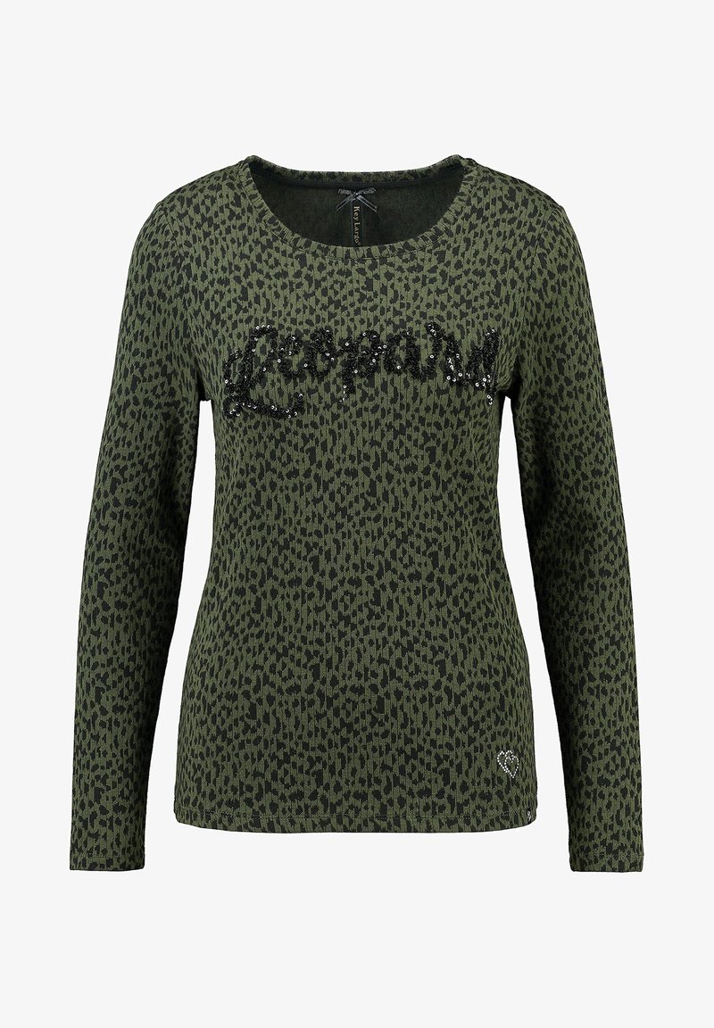 Zelená dlouhá rukávová košile s leopardím potiskem. Na hrudi je nápis "Leopard" z černých flitrů. Měkká tkanina s kulatým výstřihem.