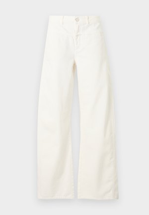Pantalon blanc taille haute, jambes larges, avec fermeture avant à boutons et fermeture éclair, passants pour ceinture et poches latérales, présenté sur un fond neutre.