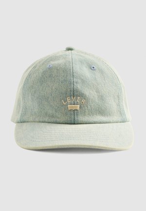 Svijetloplavi traper baseball šešir s "Levi's" izvezenim bež bojom na prednjem središtu, s končanom ventilacijom i zakrivljenim vizir.